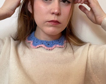 Clowncore-Inspired Crochet Collar - Charming Pink and Blue Cotton Accessory mime jester circus clown pantomime cosplay halloween kawaii