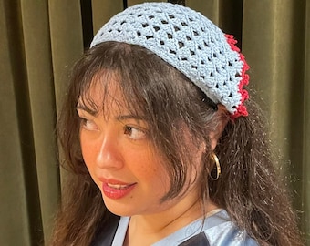 Handmade Crochet Bandana - Light Blue Boho Headscarf with Red Heart Edge