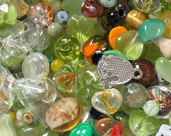Green Glass Bead Soup – Earthy Goblincore Forest Mix, Czech Glass, Assorted Beads & Charms, Mystery Scoop