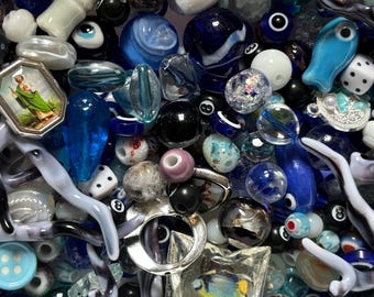Blue Glass Bead Soup, Whimsical Assorted Beads & Charms, Czech Glass, Weirdcore Random Mystery Scoop