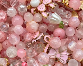 Pink Coquette Assorted Bead Soup – Glass Bead Mix, Bows, Hearts & Charms, Romantic Pastel Mystery Scoop