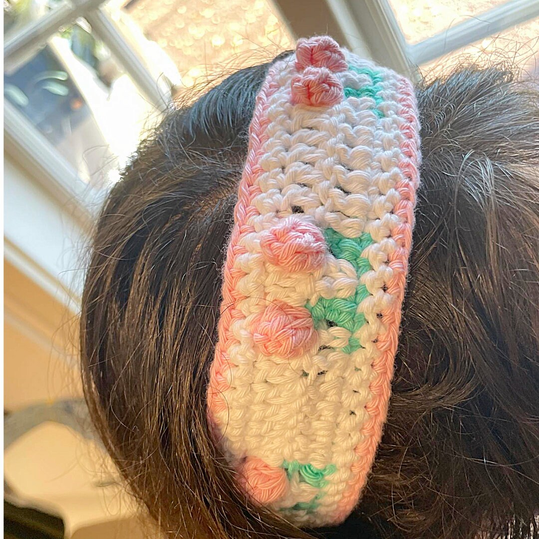 Crochet Headband: Handmade Pink Cherries, Cottagecore Hair  display picture 3