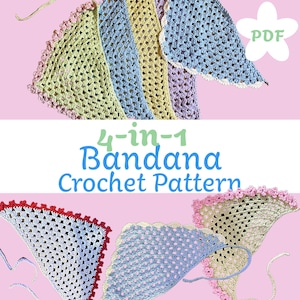 May include: Four crochet bandana patterns in different colors, including pink, blue, green, and yellow. The patterns are arranged in a fan shape and the text "4-in-1 Bandana Crochet Pattern" is displayed below them.