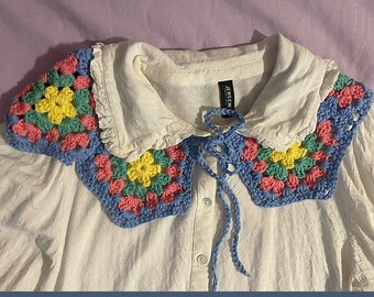 Handmade Clowncore Crochet Peter Pan Collar, Colorful Retro Hexagon Festival Neckpiece, Granny Square Detachable Collar, Unique Accessory