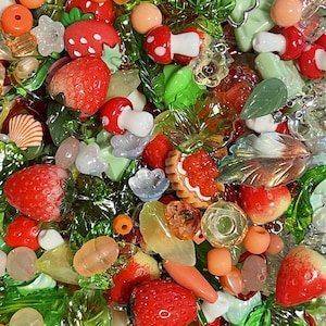 Bead Mix bulk 100g Red Green Forest Mystery Bead Soup with Mushroom Strawberry Flowers  DIY Jewelry Making Supplies grab bag beads by weight