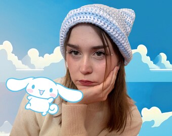 Crochet Cat Ear Beanie  - Soft Blue Crochet Hat, Kawaii-Inspired Cute Accessory