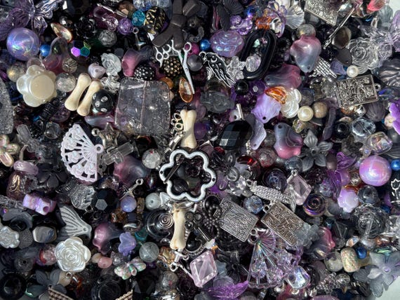 Whimsical Bead Soup spooky goth bead mix halloween mystery scoop glass acrylic charms black purple diy jewelry kit aesthetic grab bag