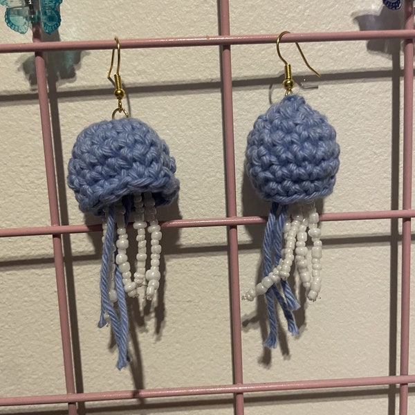 Handmade Jellyfish Earrings - Crochet Ocean Blue with Beaded Tendrils | Whimsical Sea-Inspired Jewelry | Unique Artisan Fashion Accessory