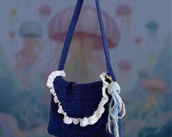 Handmade Crochet Shoulder Bag with Jellyfish Charm, Ocean Purse