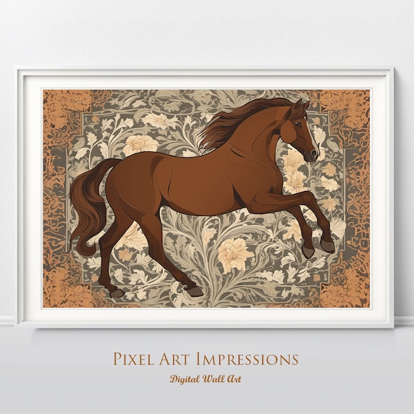 Prancing Horse Digital Downloadable Print, William Morris Inspired Pattern, Home Decor Wall Art, Equestrian Gift Idea