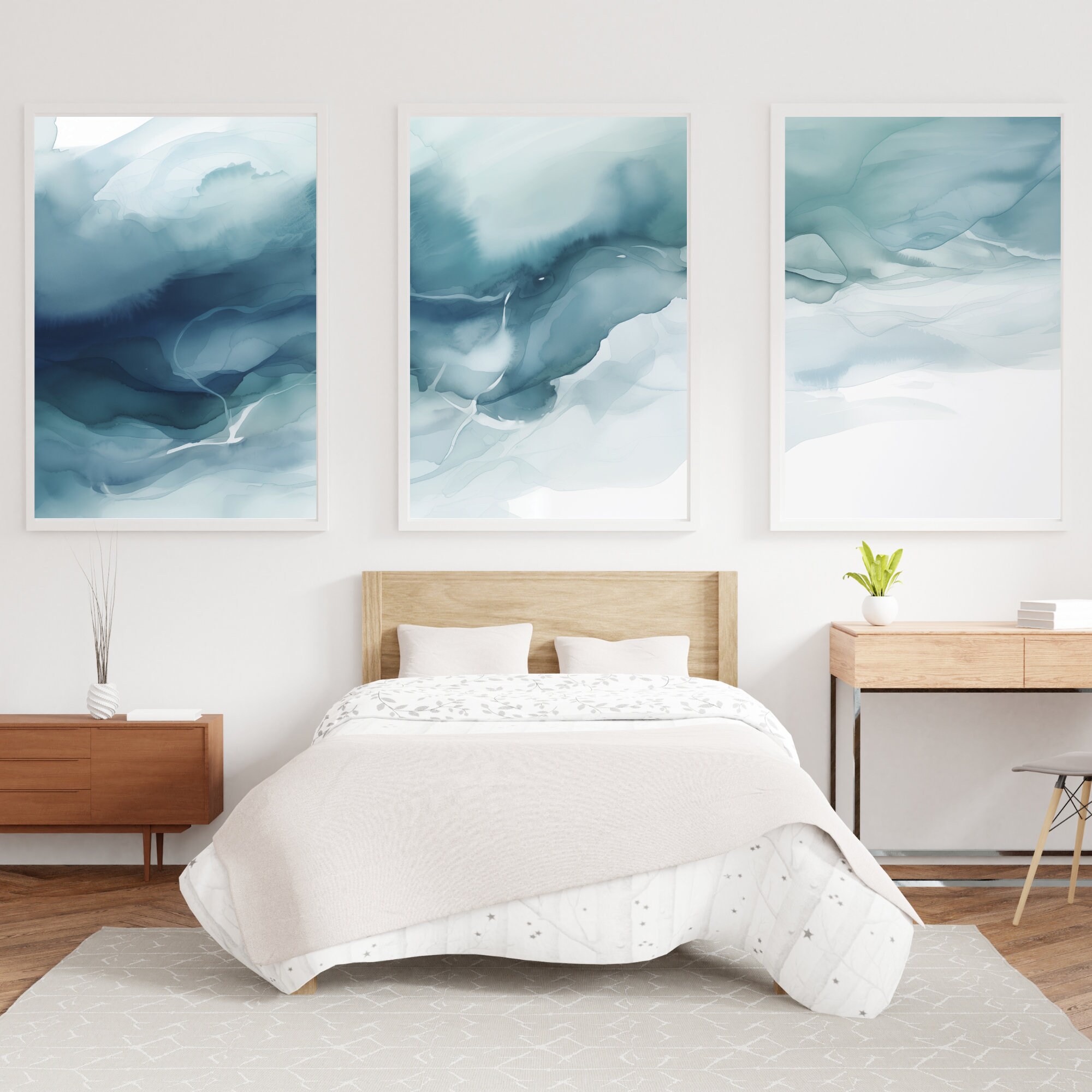 3 Piece Set Abstract Blue Watercolor Ocean Wall Art Watercolor Prints ...