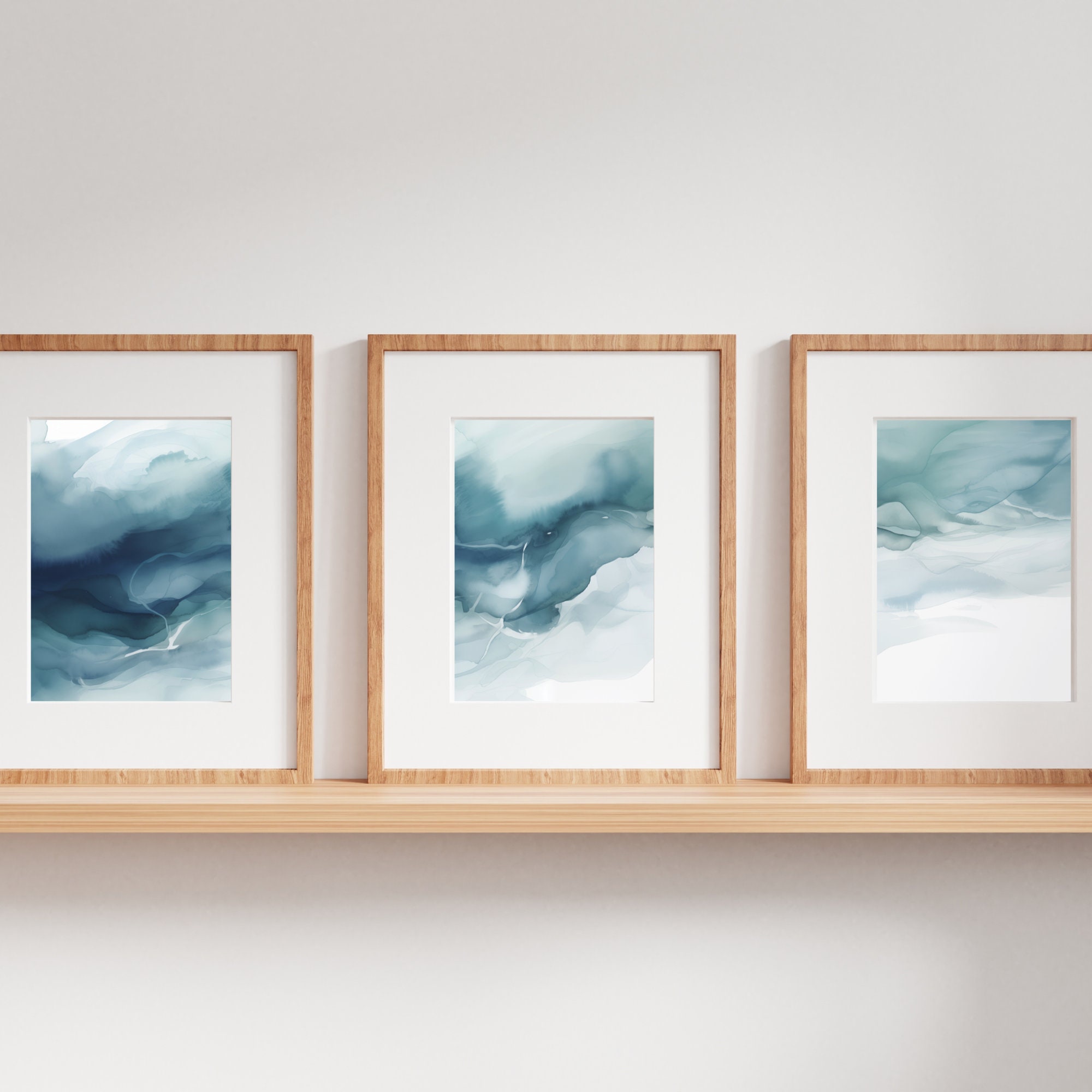 3 Piece Set Abstract Blue Watercolor Ocean Wall Art Watercolor Prints ...