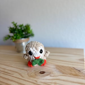 May include: A handmade crochet owl in beige, white, red, and green. The owl has large black eyes and is holding a green leaf. The owl is sitting on a wooden surface. A small potted plant is in the background.