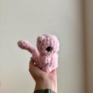May include: A pink crocheted plush toy shaped like a small animal with black eyes. The toy is being held in a person's hand.