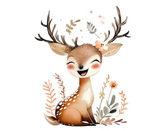 Aquarell Hirsch Clipart Bundle, Storybook Kinderzimmer Kunst (PNG & JPG)