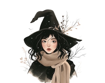 10 wunderliche Hexe Mädchen Clipart Bundle, Herbst Hexe PNG, gemütliche Märchenbuch Charaktere für Halloween