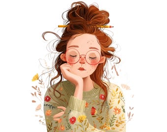 11 Aquarell Rothaarige Mädchen Clipart, gemütliche Storybook PNG Bündel, Blumenpullover Kinderzimmer Wandkunst