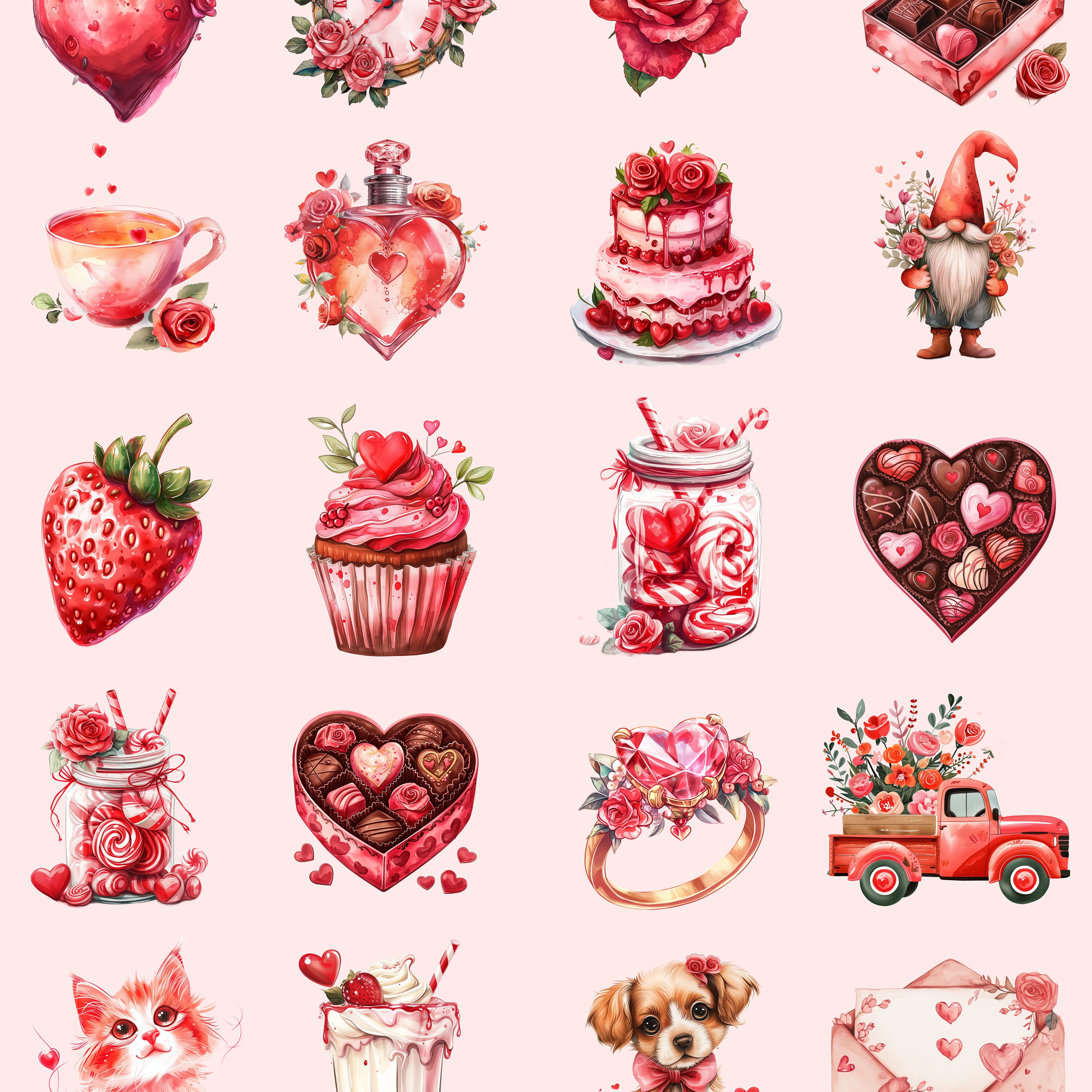 Watercolor Sweet Valentines Day Bundle Clipart, 20 PNG Valentines Day ...