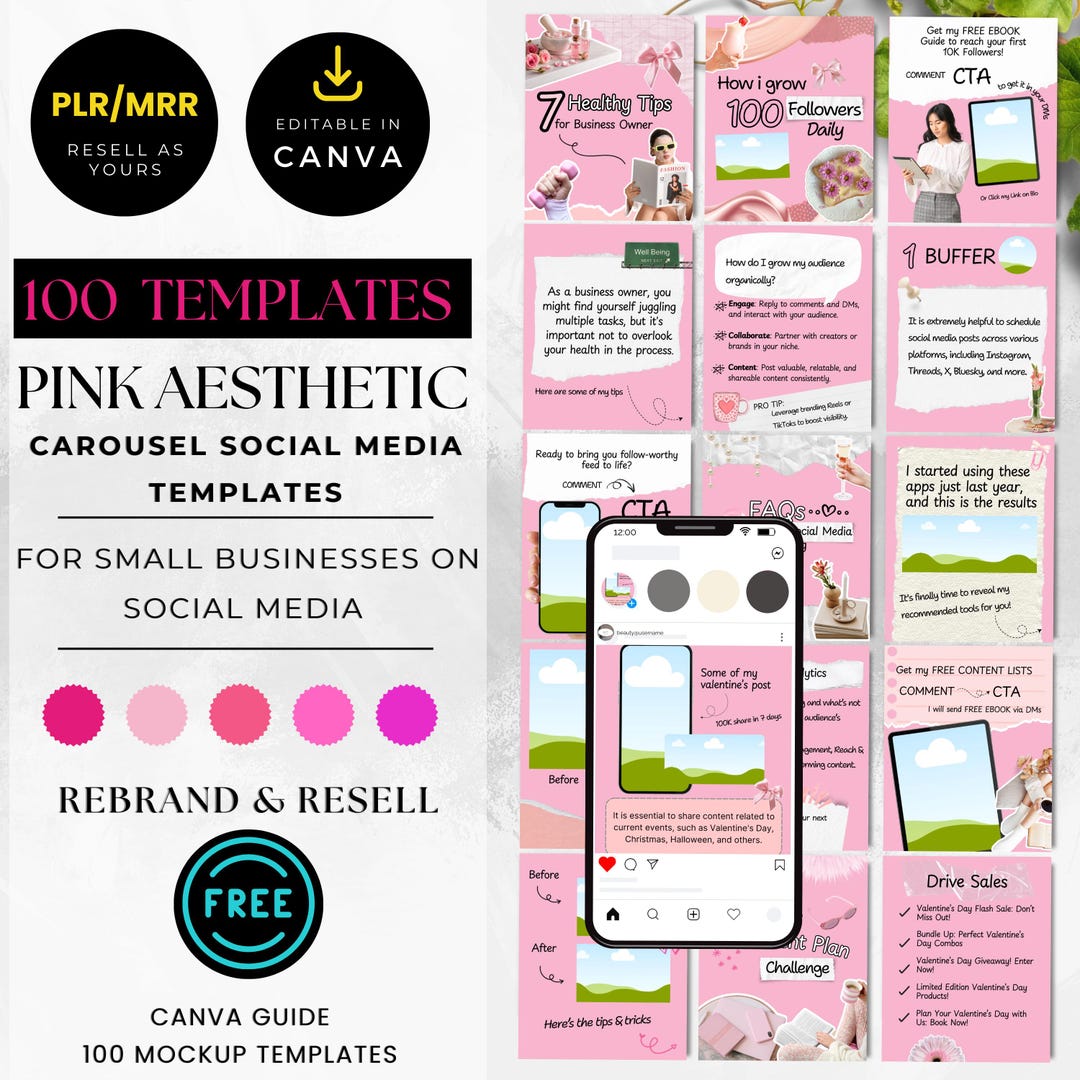 100 Pink Aesthetic Carousel Templates | Canva Social Media Kit | IG ...