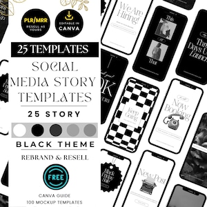 25 Black Instagram Engagement Story Templates with PLR & MRR, Customizable IG Story Templates for Small Business, Done-for-You Ig Stories