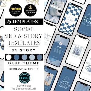 25 Blue Instagram Engagement Story Templates with PLR & MRR, Customizable IG Story Templates for Small Business, Done-for-You Ig Stories