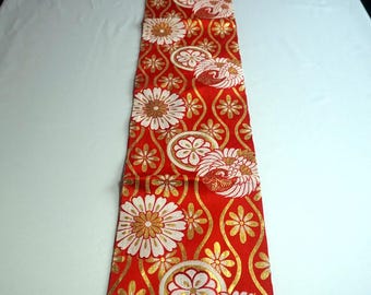 Antique Maru Obi Japanese Kimono Woven Classic Belt Sash Silk Women Decor Flower Reversible Edo Red Traditional Art Tabel Runner Narrow Xmas