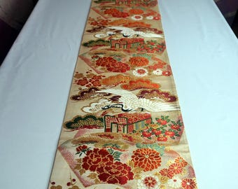 Antique Maru Obi Japanese Kimono Woven Belt Sash Silk Women Crane Decor Flower Emblem Reversible Edo Traditional Art Tabel Runner Xmas