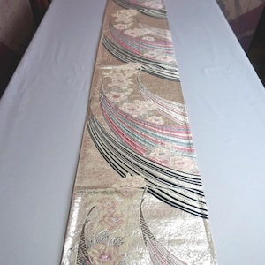 Japanese Kimono OBI FUKURO Silk Woven Vintage Woman Belt Flower Silver Rainbow Sash Table Runner Xmas