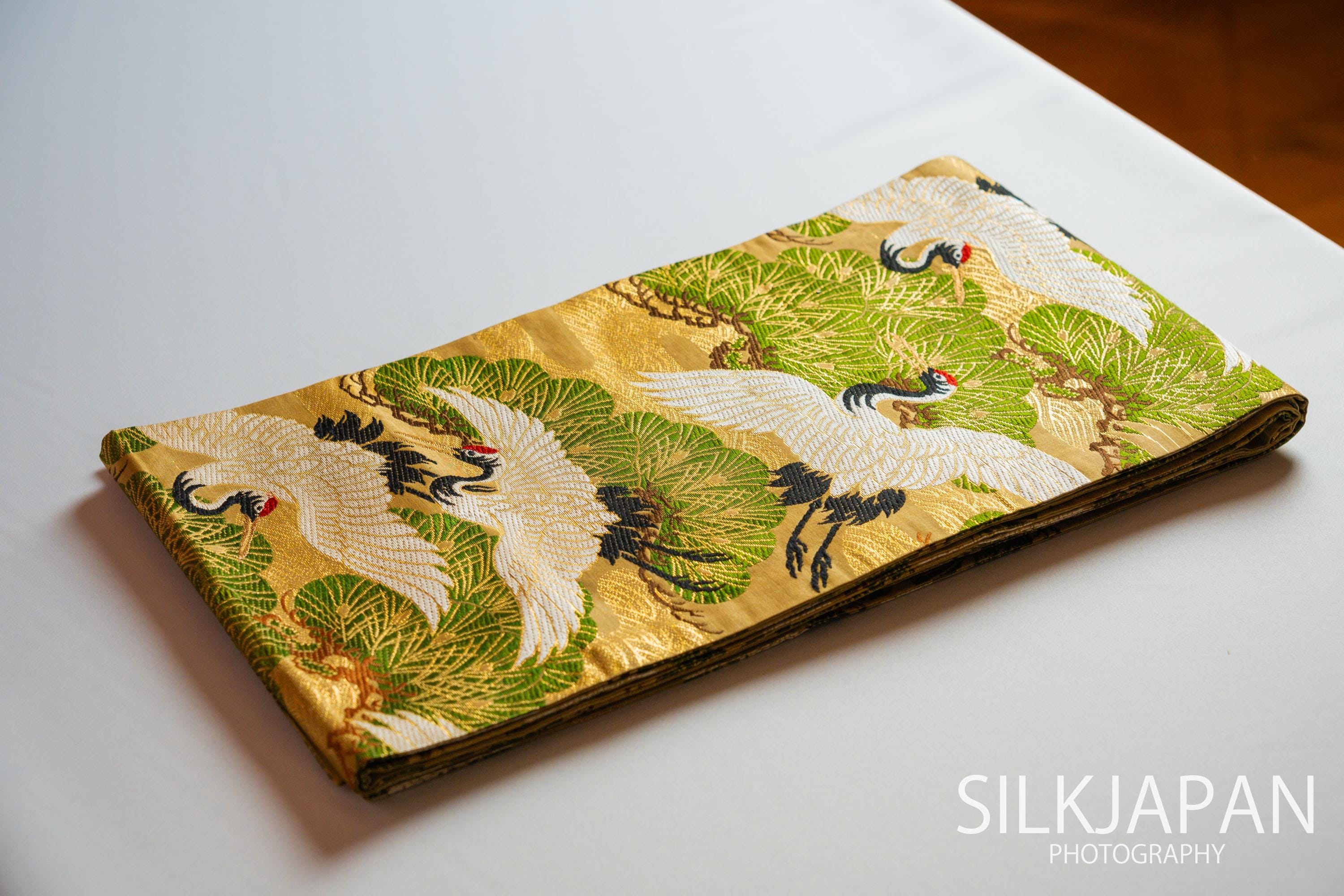 Antique Maru Obi Japanese Kimono Silk Belt, Woven Gold Crane 