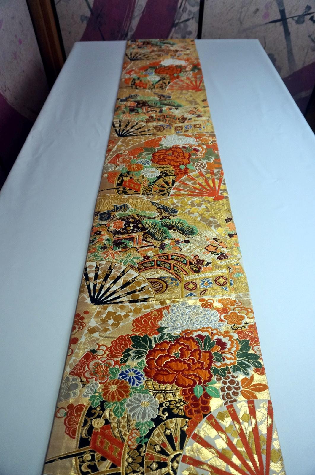 Antique Maru Obi Japanese Kimono Woven Classic Belt Sash Silk Women Decor Fan Flower Reversible Edo Gold Traditional Art Tabel Runner Xmas