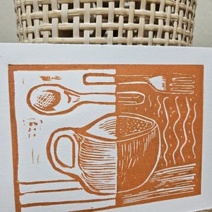 Linocut Coffee Break &#39;Pumpkin Spice&#39;: limited edition linocut (retro kitchen art)