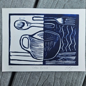 Kaffeepause Linoldruck: limitierter Linoldruck (Retro-Küchenkunst)