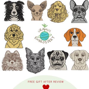Puede incluir: Retratos bordados de diferentes razas de perros, incluyendo un Border Collie, un Chihuahua, un Cocker Spaniel y un Bulldog Francés. La imagen incluye un logotipo con el texto "URANUS EMBROIDERY" y la frase "FREE GIFT AFTER REVIEW".
