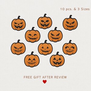 May include: Ten orange pumpkin patches with black embroidered faces in three sizes. The pumpkins have various expressions, including smiling, angry, and grinning. Text at the top reads "10 pcs. & 3 Sizes". Below, the text reads "FREE GIFT AFTER REVIEW" with a red heart.