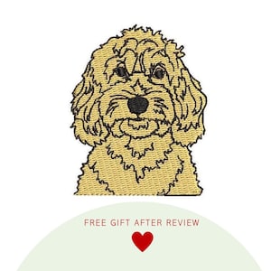 May include: Embroidered patch of a golden dog with a black nose and eyes. The dog has a fluffy, textured appearance. Below the dog is the text "FREE GIFT AFTER REVIEW" with a red heart symbol.