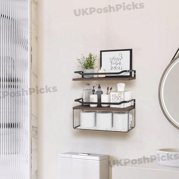 Handmade Set of 2 Wooden Floating Shelves With Basket | Wall Shelves | Bathroom Shelves | Hanging Shelves | Bathroom Storage