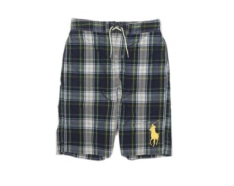 May include: Blue and green plaid swim trunks with a yellow polo player logo.