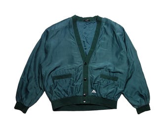 Chaqueta bomber vintage extragrande de seda 100 % de los años 80/90, color verde azulado/XL/XXL