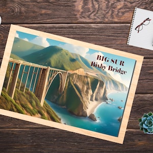 May include: A framed print of a scenic view of Bixby Bridge in Big Sur, California. The bridge is a concrete arch bridge that spans a deep canyon. The image shows the bridge from a distance, with the ocean and coastline in the background.