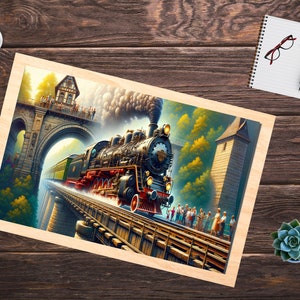 Vintage Train Puzzle - Classic Locomotive, Vibrant Chipboard Jigsaw, Collector&#39;s Edition, steam engine