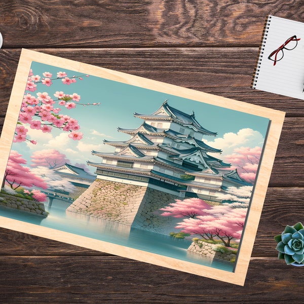 Japanese Pagoda White Castle Puzzle - Japanese Sakura Jigsaw, Majestic Scenery, Cultural Gift, Cherry Blossom Castle Puzzle