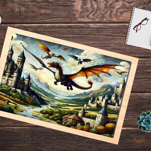 Puzzle du royaume du dragon enchanté - Châteaux et paysages mythiques - Finition brillante, plusieurs tailles disponibles - Jeux de famille, magie nocturne