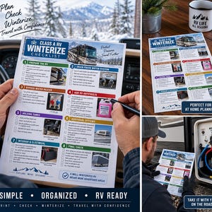 May include: A printed Class A RV winterize checklist featuring eight numbered steps with instructional text, checkboxes, and small photographs illustrating maintenance tasks for a recreational vehicle, including water system and antifreeze details.