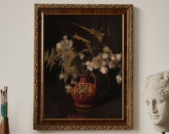 Impression de peinture à l'huile botanique : vase floral vintage, art mural universitaire