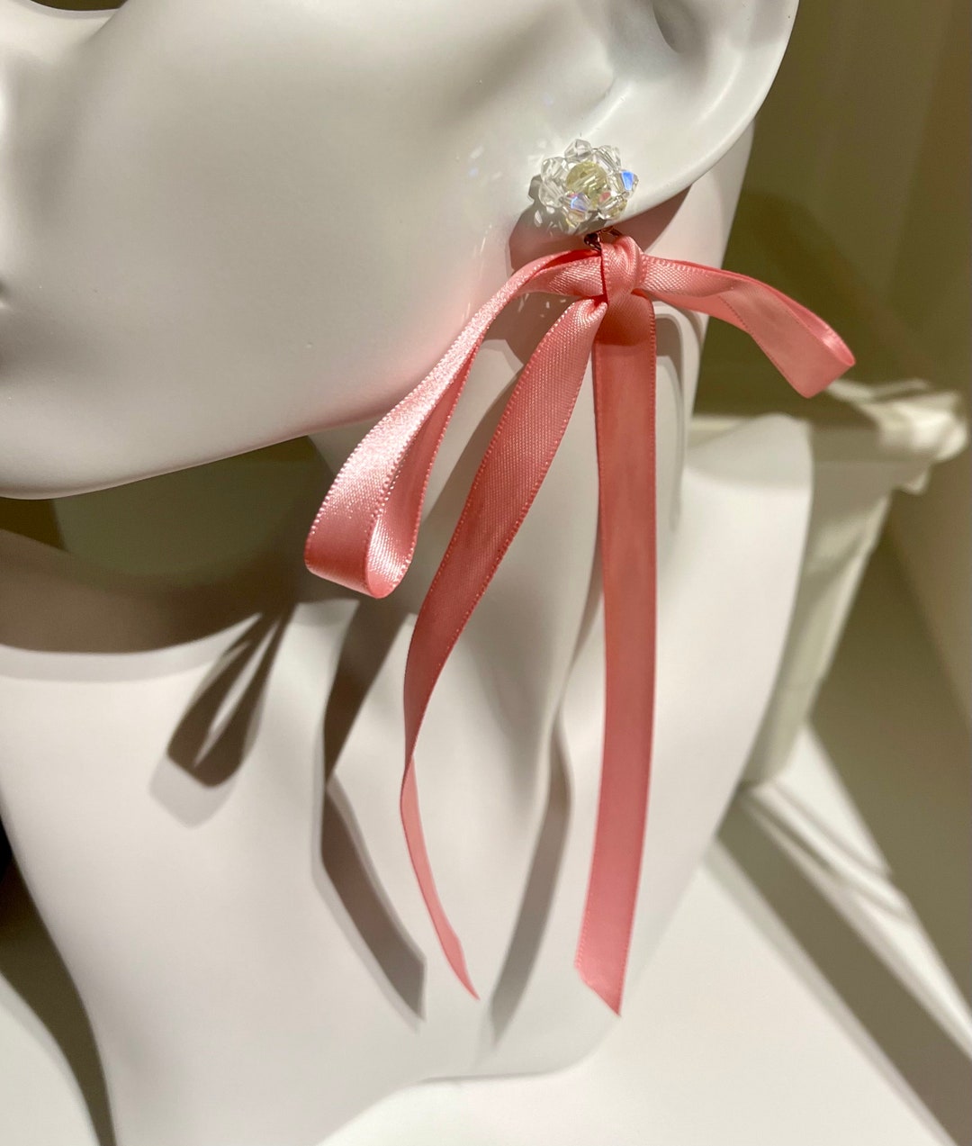 Coquette Bow Earrings, Pink Bow Studs, Ribbon Satin Bow Ear Jacket ...