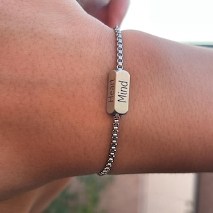 Personalized Rectangule Bar Name Bracelet, Couple Matching Bracelet, Engravable His And Her Bracelet, Anniversary Gift For Boyfriend Husband
