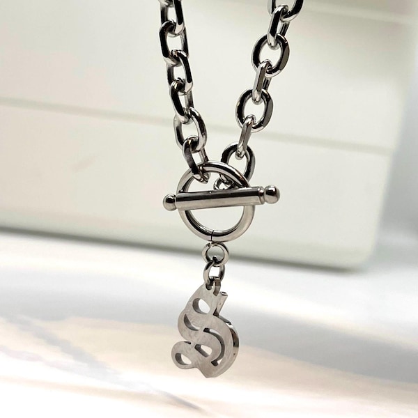Men’s Gothic Style Initial Necklace, Old English Letter Choker, Chunky Chain For Women, Personalized Gift Boyfriend Girlfriend Husband Son