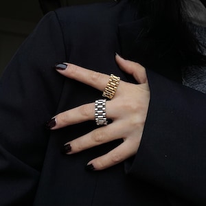Silver Watch Band Chain Ring for Women, Gold Chunky Rolex Style Chain Ring for Men, Waterproof, Minimalist Jewelry, Thick Titanium Steel