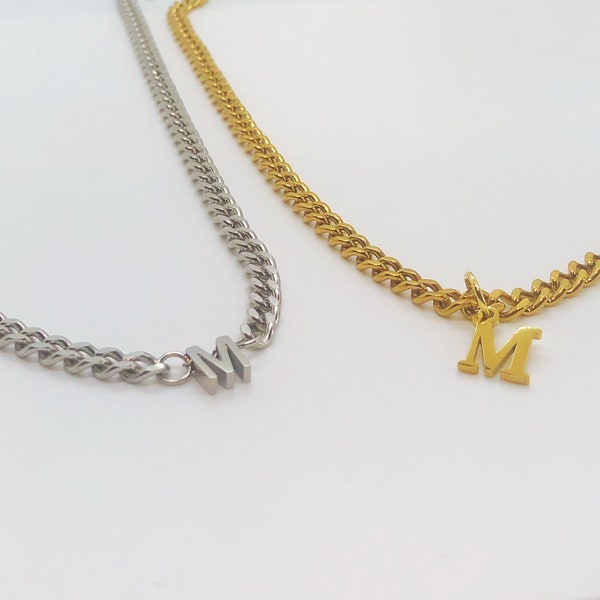 Men’s Gold Cuban Chain Initial Necklace, Silver Letter Pendant Choker, Stainless Steel, Personalized Gift for Him, Boyfriend, Husband, Dad