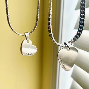 Men’s Silver Guitar Pick Necklace, Engraved Heart Tag Necklace, Couple Matching Enbossed Cuban Chain, Lover Gift for Boyfriend Girlfriend